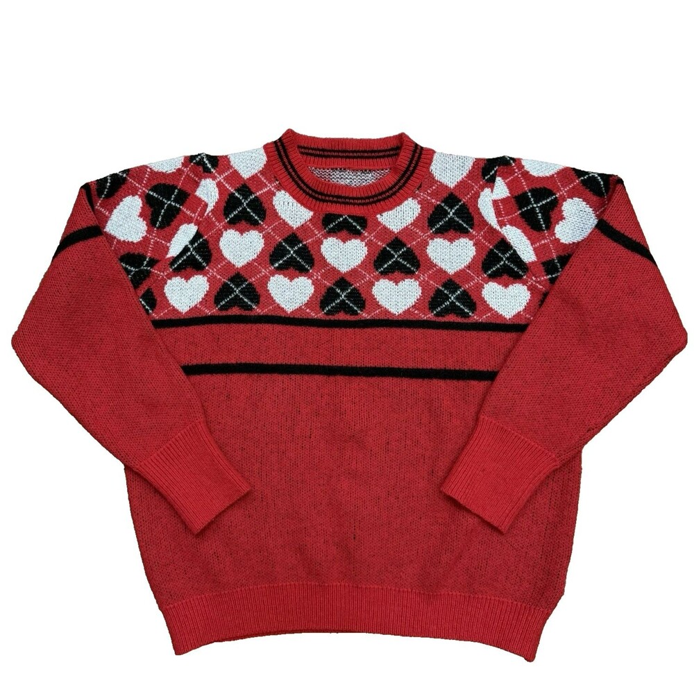 Misses Heart & Argyle Valentine Sweater Knit Pullover Crew Neck MEDIUM